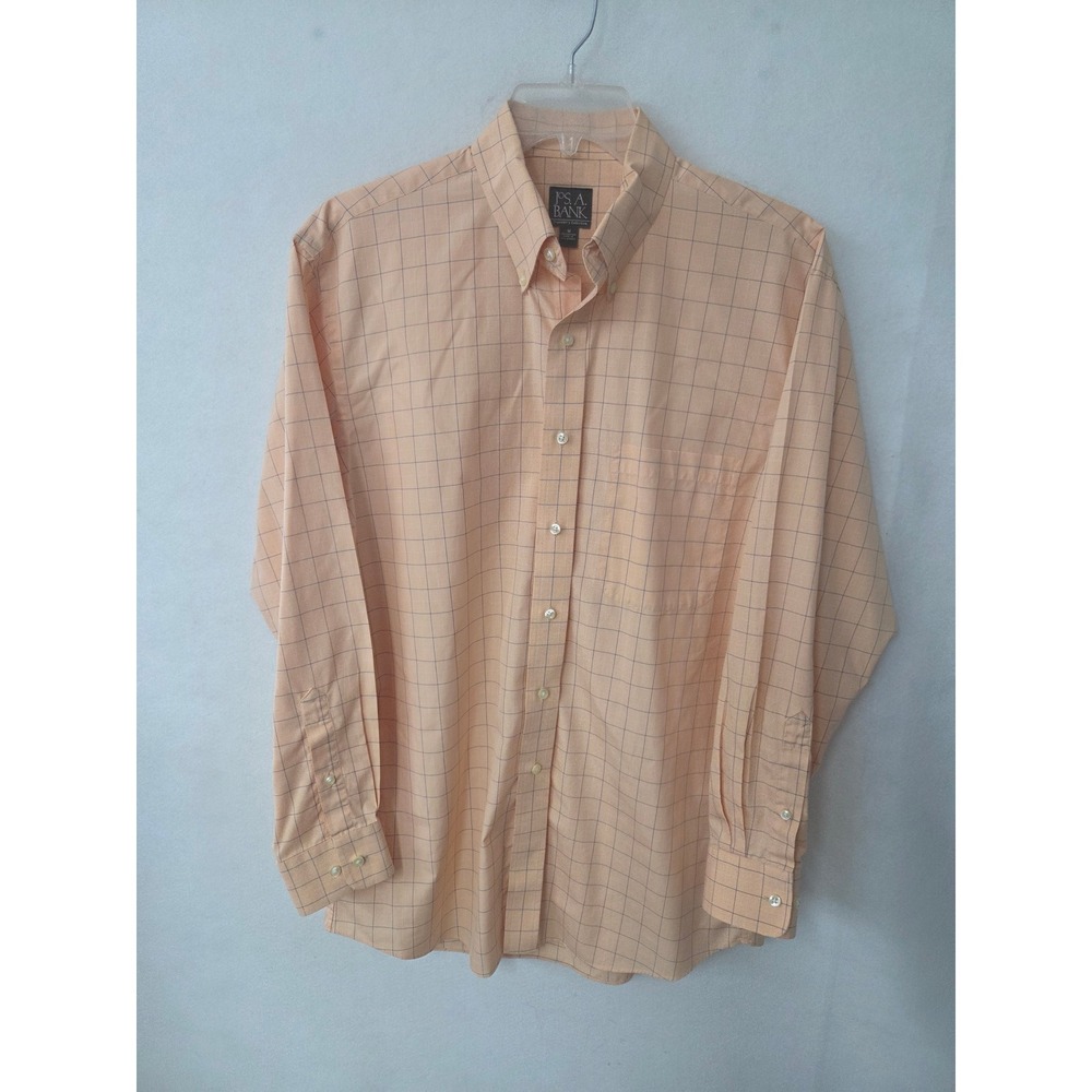 Jos A Bank Button Down Shirt Mens Medium Orange Blue Windowpane Traveler Cotton